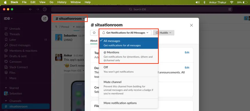 Slack notification settings